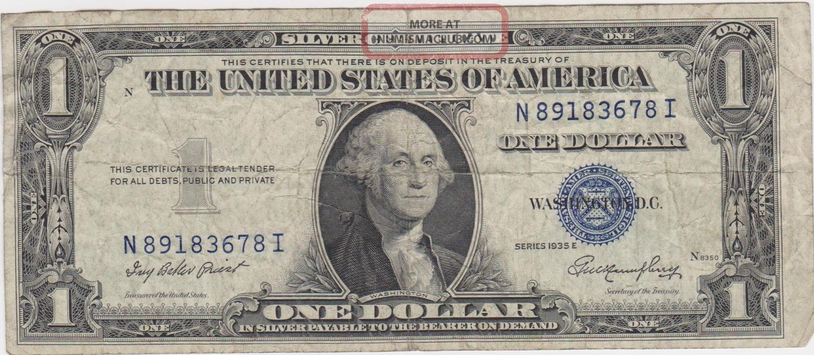 Many Cutting Errors Blue Seal 1935e Silver Certificate One Dollar