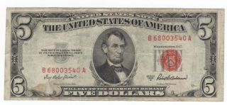 1953a Red Seal $5.  00 United States Note B68003540a Lincoln Five Dollar Bill photo