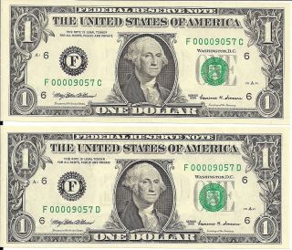 Rare 2 Matching (same Serial) Low 0000 $1 Dollar Bills Notes Series 1999 Gem Cu photo