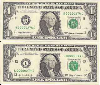 2 Low 00000 Matching (same Serial ' S) $1 One Dollar Bills Notes 1999 & 2009 Cu photo