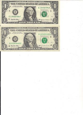 2 Ladder $1 Dollar Bills Federal Reserve Notes 1999 & 1995 Circulated photo