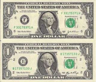 Matching Backwards Cu $1 Dollar Bills Notes Series 2006 & 2003 A Crisp Uncirc. photo