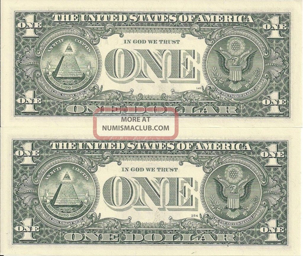 Matching Backwards Serial Numbers 1 Dollar Bills Notes Cu Series 2009 And 2006