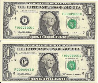 Rare 2 Matching (same Serial) Low 0000 $1 Dollar Bills Notes Series 1999 Gem Cu photo