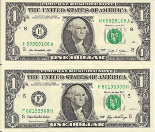 Matching Backwards Serial Numbers $1 Dollar Bills Notes Cu Series 2009 And 2006 photo