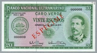 Uncirculated Banknote Spécimen,  Cabo Verde,  20 Escudos,  04 - 04 - 1972,  Pick 52 - S photo