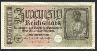 Germany Ww2 20 Reichsmark 1940 - 1945 Series B Vf/xf photo