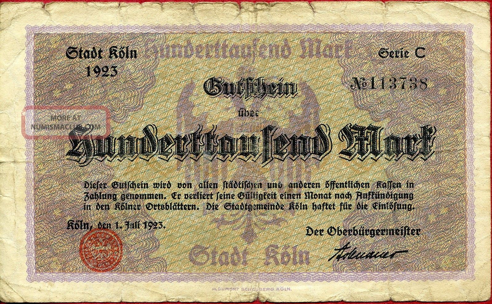 KÖln 100,  000 100000 Mark 1923 Vg Europe photo