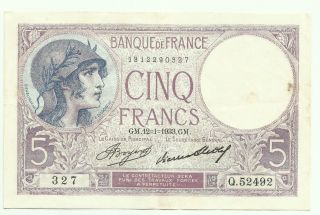 France 5 Francs 12/1/1933 P - 72e Vf++ photo