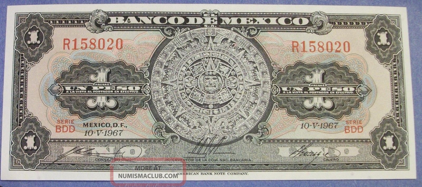 1967 One Peso Note Bank Of Mexico Series Bdd, Unc.