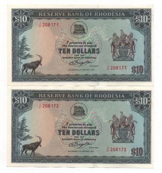 Rhodesia 2 X 10 Dollars January 1979 Consecutive Numbers Aunc Pick 33 Look Scans photo
