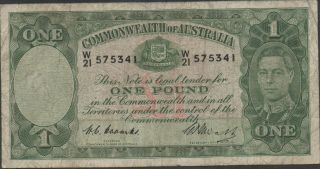 Australia,  1 Pound,  Nd.  1949,  P 26c,  Prefix W/21,  1/2 Cat. photo