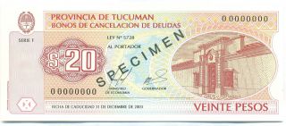 Argentina Note Emergency Tucuman 20 Pesos 2000 Specimen Rare Unc photo