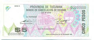 Argentina Note Emergency Tucuman 5 Pesos 1995 D.  1176/3 Specimen Unc photo