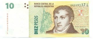 Argentina Note 10 Pesos 2010 Serial L M.  Del Pont - Fellner P 354 Unc photo