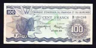 Rwanda - Burundi 100 Francs 1960 P - 5 Vf photo