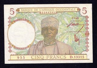 French West Africa 5 Francs 1943 P - 26 Red Sing Aunc photo