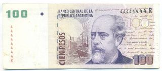 Argentina Note 100 Pesos 2012 Serial R Solid Number 44444444 P 356 photo