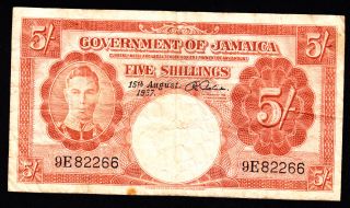 Jamaica 5 Shillings 1957 Pick 37b Fine. photo