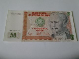 Unc 1987 Peru Banknote 50 Intis photo