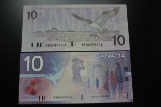 Canadian Matching Prefix & Serial ' S 1989 & 2001 $10 Bills.  Uncirculated photo