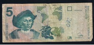 1997 El Salvador P147 Unc Banknote 5 Colones Series J C,  Hristopher Columbus photo