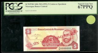 Nicaragua - 5 Centavos Specimen,  1991.  P168s.  Pcgs 67ppq photo