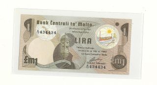 1967 Bank Central Of Malta One Lira Fancy No 434434 Gem - Uncirculated photo