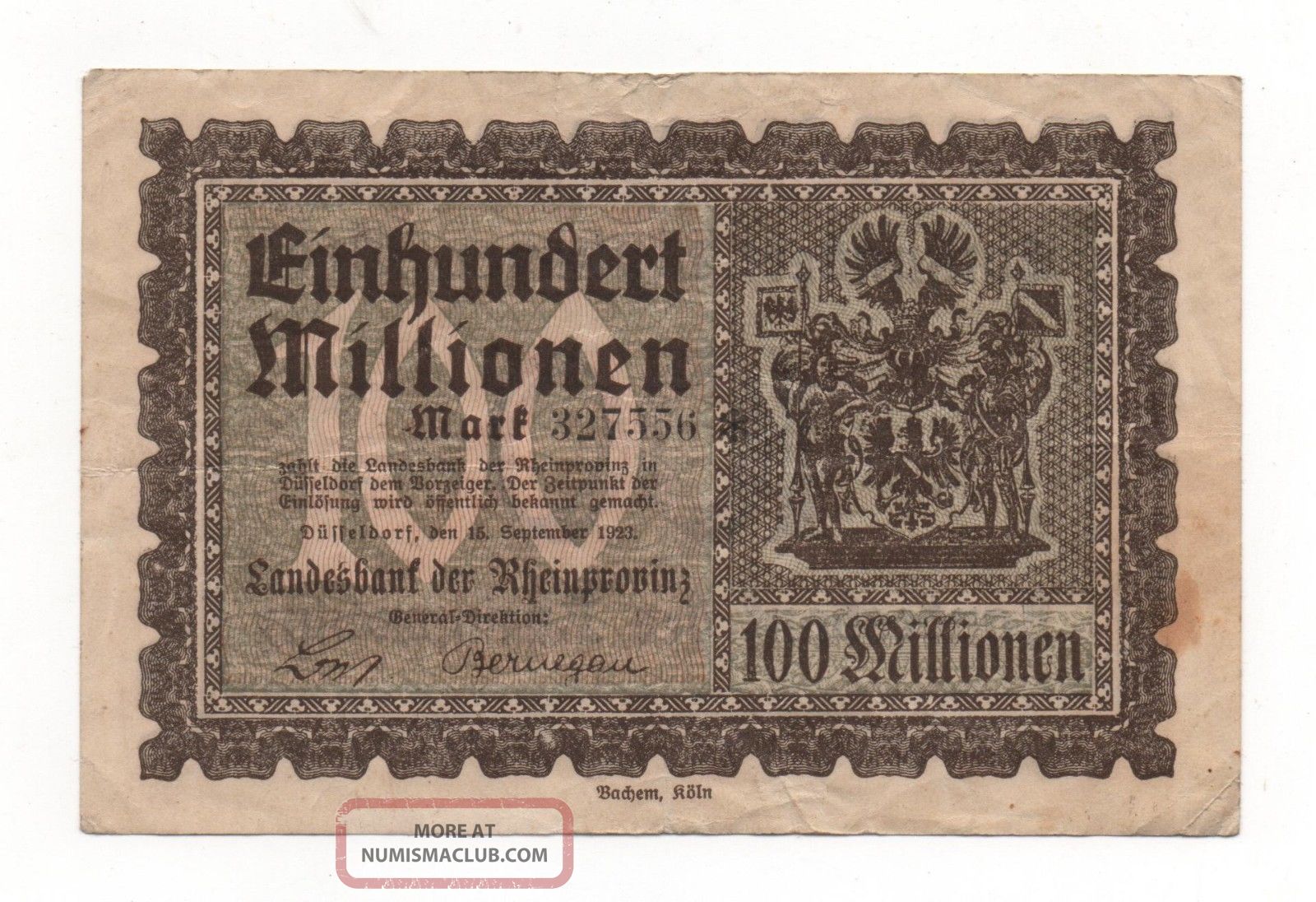 Germany Rheinprovinz 100 Millionen 1923 Notgeld Emergency Money Look Scans Europe photo