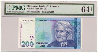 Lithuania 200 Litu Pick 63 1997 Pmg 64 Choice Unc photo