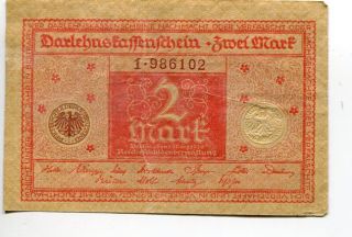 Germany Deutschland 2 Mark 1920 Vf Darlehenskassenschein Banknote photo