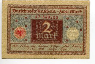 Germany Deutschland 2 Mark 1920 (xf) Darlehenskassenschein Banknote Red Seal photo