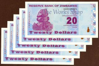 Zimbabwe 20 Dollar Note X 5 Revised Trillion Aa/uncirculated Hyperinflation photo