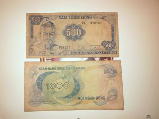 Paper Money - 2 Bills _ Vietnam 1000 Dong 500 Dong _ Vietnam War 1000 Dong photo