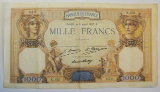 1927 French Banknote 1000 Francs Ceres Et Mercure photo