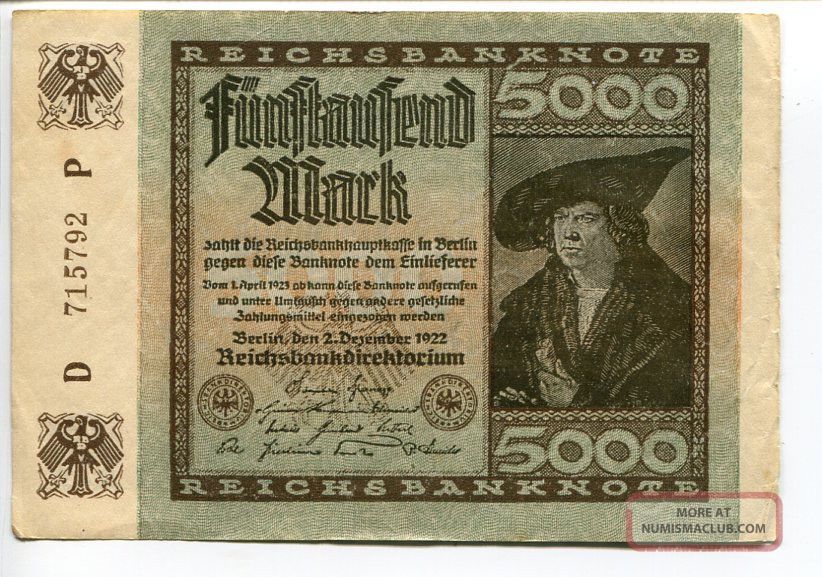 Germany Deutschland 5.  000 Mark 1922 (vf) Reichsbanknote Banknote Europe photo