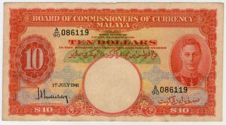1941 Kgvi Board Of Commissioners Of Currency Malaya $10 Note Ex.  Scarce photo