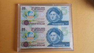 1992 Bahamas Commemorative Paper Money (two) $1.  00 Christopher Columbus Unc. photo