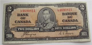 1937 Canada Banknote 2 Dollars Bank Of Canada F/vf photo