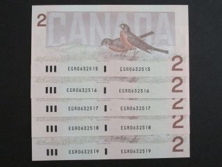 1986 $2 Bank Of Canada 5 Consecutive Egr Prefix Bc55b - I photo