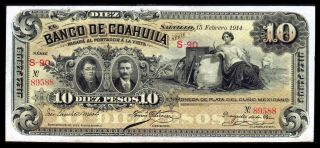 El Banco De Coahuila 10 Pesos 2.  15.  1914,  M168c / Bk - - 10 Xf+ photo