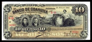 El Banco De Coahuila 10 Pesos 2.  15.  1914,  M168c / Bk - - 10 Xf+. photo