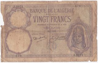 Algeria (french) : 20 Francs,  18 - 4 - 1928,  P - 78b photo