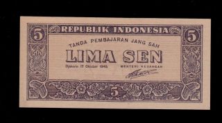 Indonesia 5 Sen 1945 Pick 14 Unc -. photo
