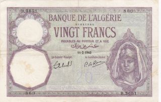 Algeria (french) : 20 Francs,  14 - 2 - 1942,  P - 78c,  Axf photo