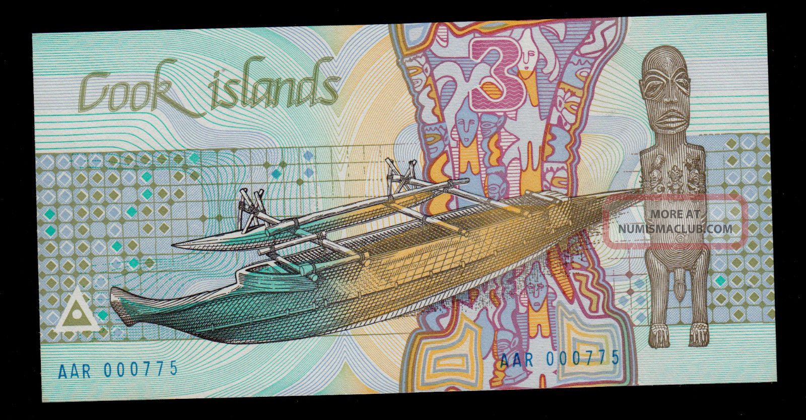 Cook Islands 3 Dollars 1987 P-3 Naked Ina & Shark Low 