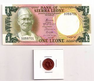 Sierra Leone One Leone 1984 Bank Note Uncirculated Plus 1964 Half Cent Coin photo
