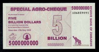 Zimbabwe Agro - Cheque 5 Billion Dollars 2008 Pick 61 Au - Unc. photo