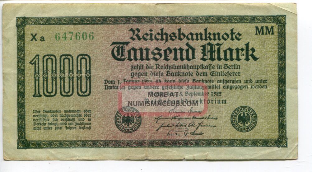 Germany Deutschland 1.  000 Mark 1922 (f) Circulated Reichsbanknote Green Paper Europe photo