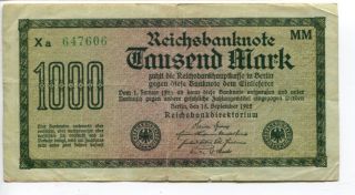 Germany Deutschland 1.  000 Mark 1922 (f) Circulated Reichsbanknote Green Paper photo